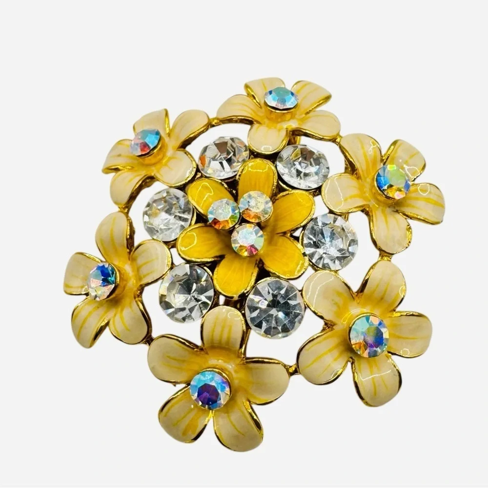 Vintage Noblesse Floral Enamel Rhinestone Brooch Gold Tone Statement Pin